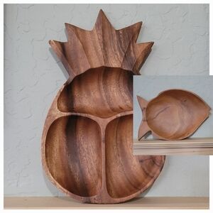 Vintage Monkey Pod Wooden Pineapple and Fish Shaped Serving Bowls Hand Carved